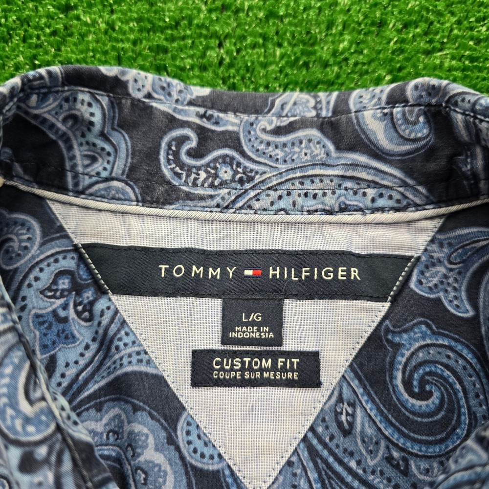 Tommy Hilfiger Shirt Mens Large Blue Paisley Button Up Preppy‎ Casual Custom Fit - Picture 5 of 6